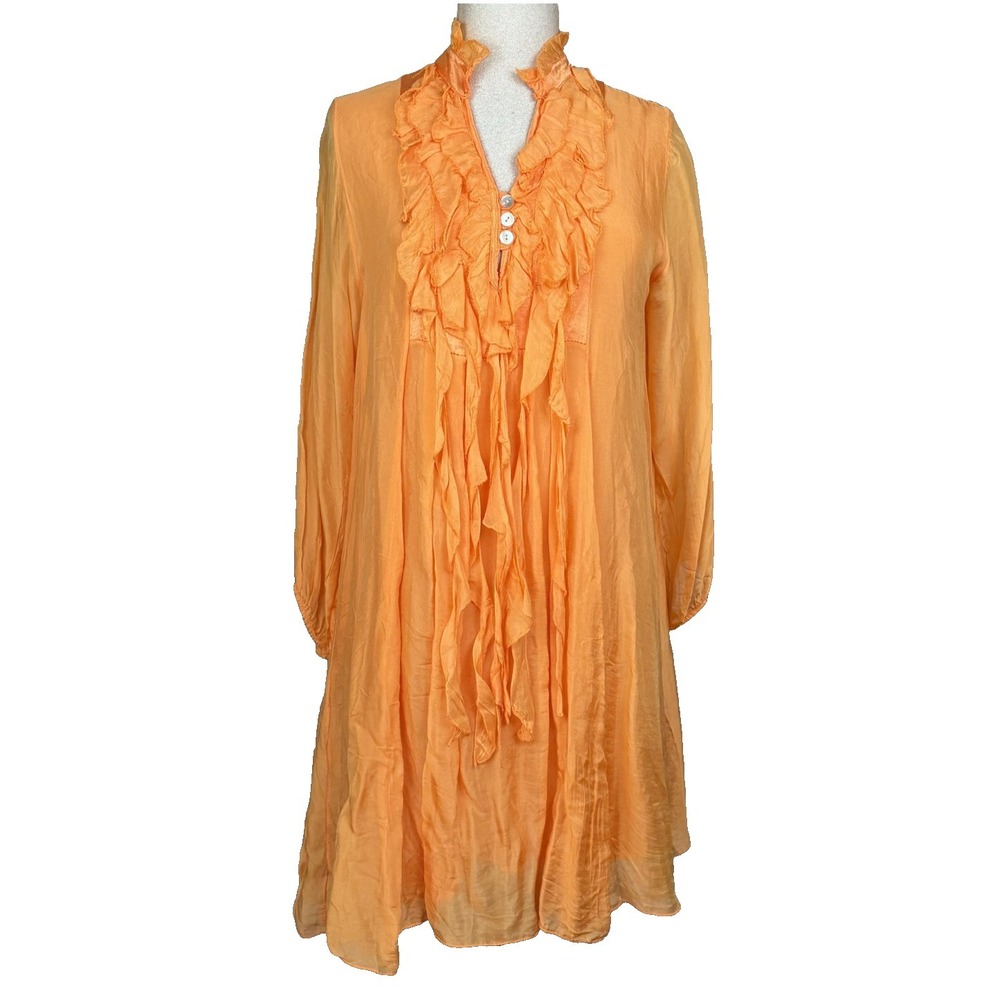 Venti6 Dress Womens M Orange Silk Ruffle Shift Made In Italy Boho Romantic